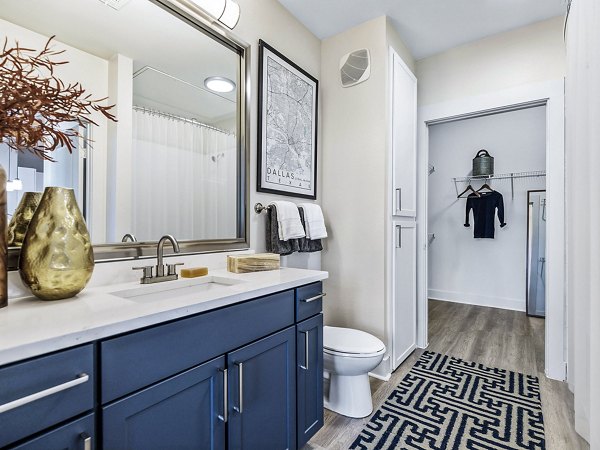 Modern bathroom with sleek fixtures in Ambrose Apartments featuring a spacious vanity and elegant tile design