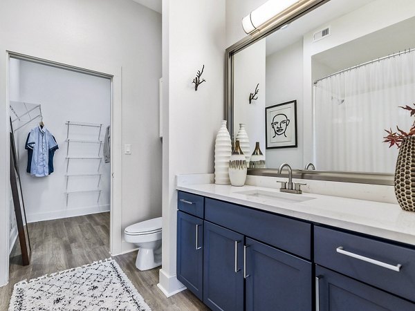 Modern bathroom with dual sinks and sleek fixtures at Ambrose Apartments