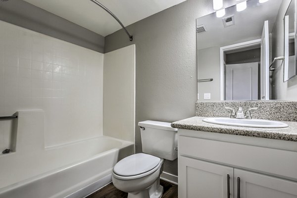Modern bathroom with marble countertops at Flower Fields Apartments, luxurious living experience in a vibrant community setting