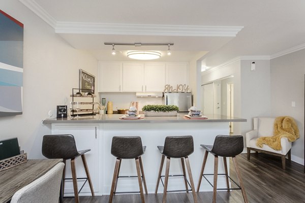 Modern kitchen with stainless steel appliances at 1200 Riverside Apartments