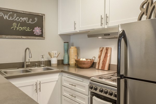 Kitchen featuring modern appliances and granite countertops in 1200 Riverside Apartments