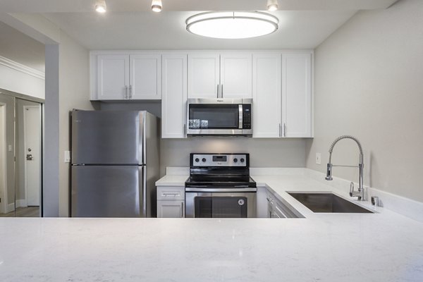 Modern kitchen with stainless steel appliances at 1200 Riverside Apartments, offering luxury living in an elegant Greystar community