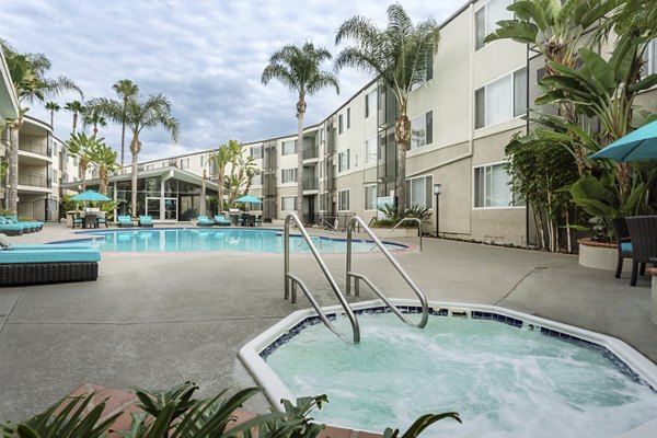 Outdoor pool surrounded by lush landscaping at 1200 Riverside Apartments