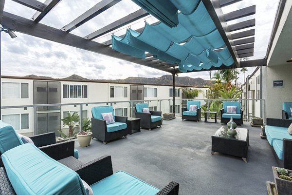 Rooftop deck offering stunning city views at 1200 Riverside Apartments