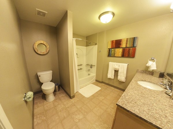 Bathroom featuring contemporary fixtures at The Windsor Apartments in a Greystar luxury community