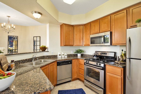 Modern kitchen with granite countertops and stainless steel appliances in Montessa At Whitney Ranch Apartments