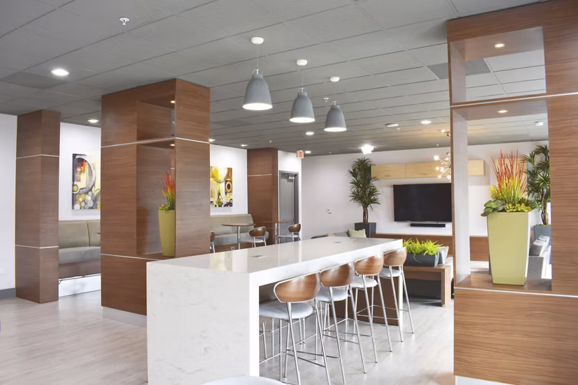 Modern clubhouse featuring stylish seating and entertainment area at NoHo 14 Apartments, a luxury Greystar community in North Hollywood