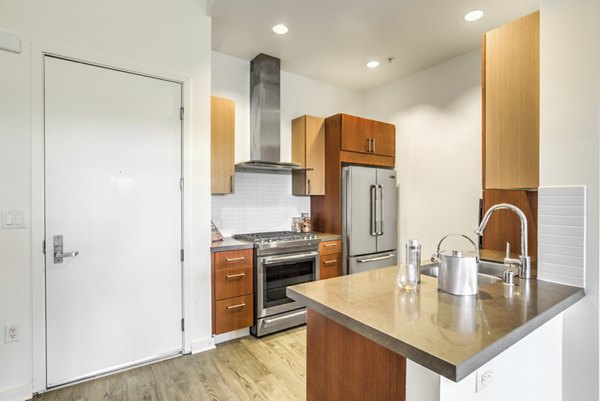 Modern kitchen with stainless steel appliances in NoHo 14 Apartments offering luxury urban living
