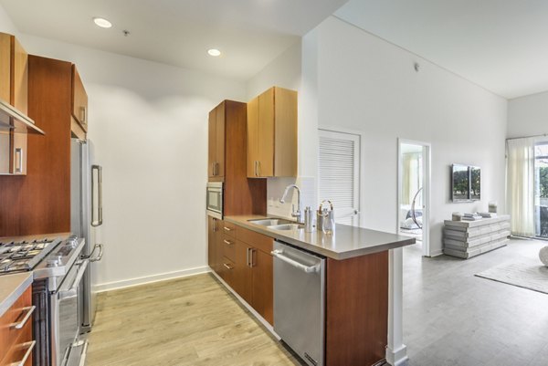 Modern kitchen with stainless steel appliances in NoHo 14 Apartments