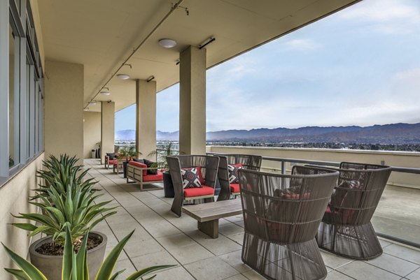 Patio with modern seating and city views at NoHo 14 Apartments luxury residences in North Hollywood