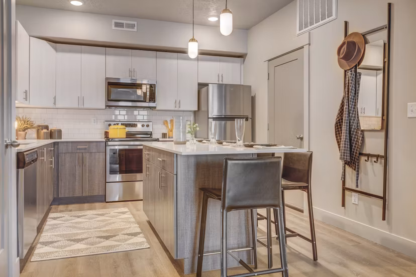 Sleek kitchen with modern stainless steel appliances at Bria Apartments, offering luxury living in an elegant setting