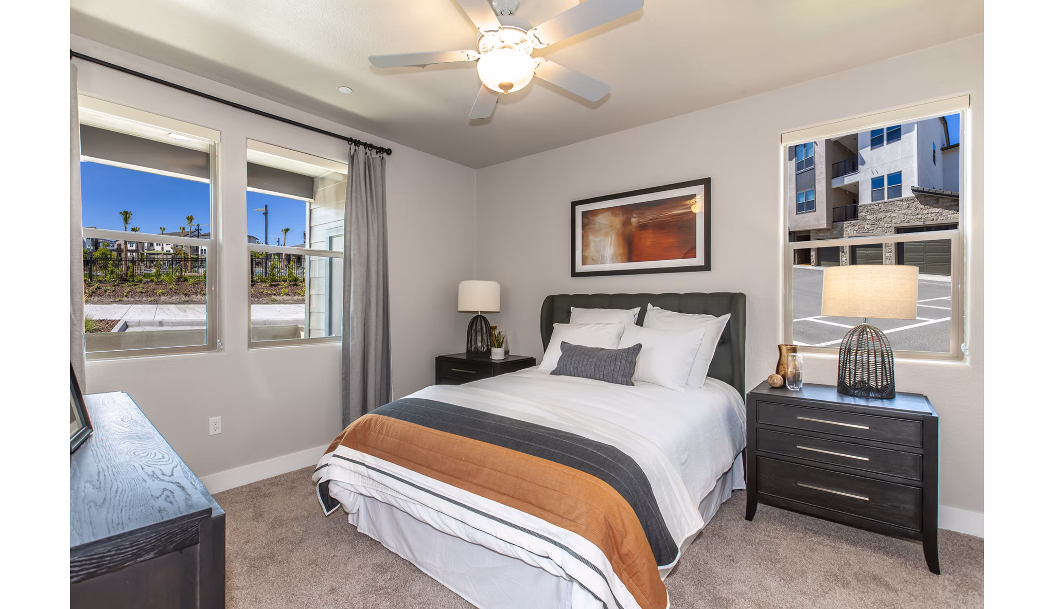 Cozy bedroom with modern design in Adega Apartments, San Francisco