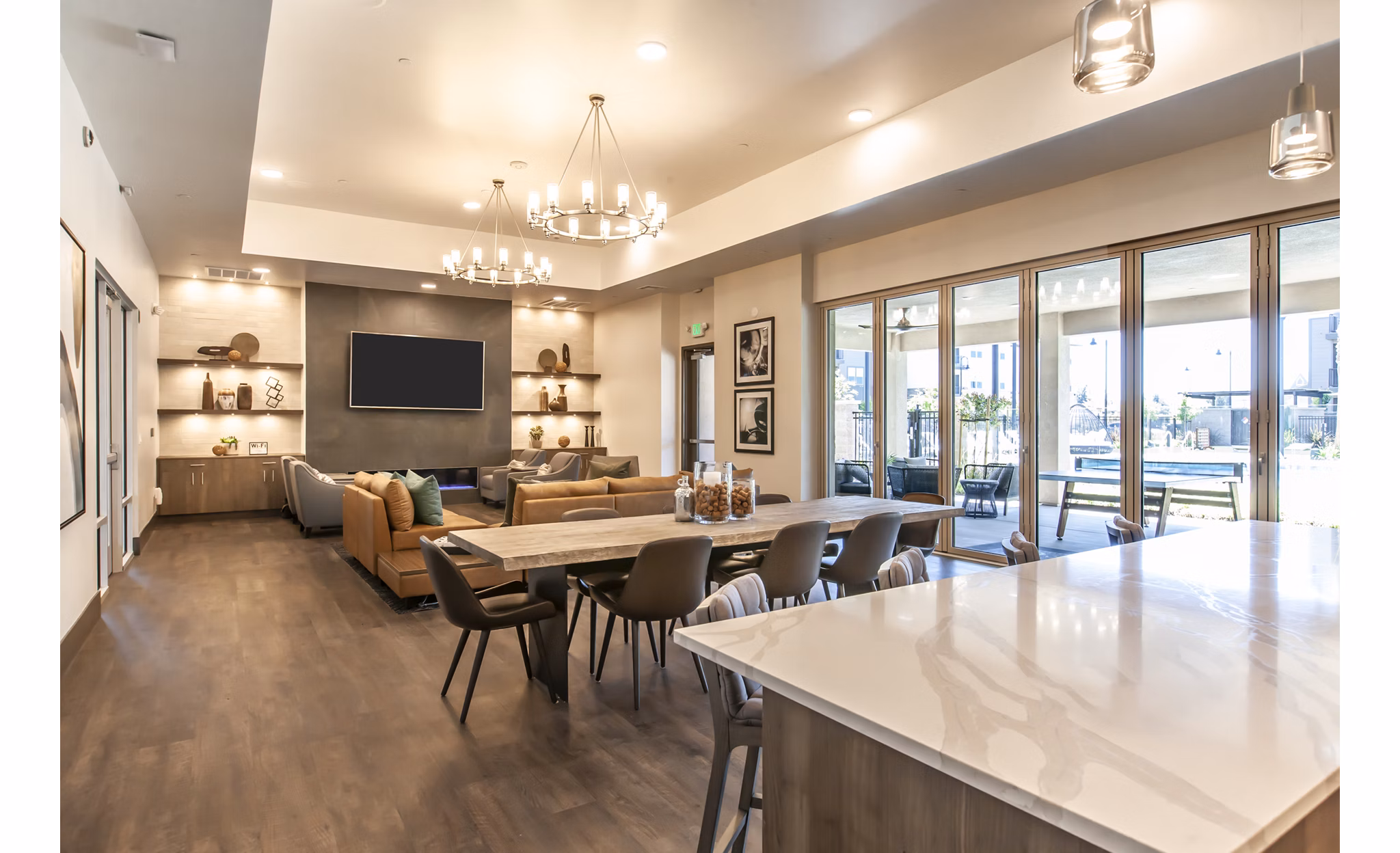 Elegant clubhouse with modern design at Adega Apartments, offering luxurious amenities for residents to enjoy social gatherings and events