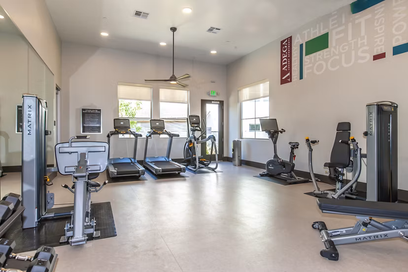 Modern fitness center with state-of-the-art equipment at Adega Apartments, providing a premium workout experience for residents