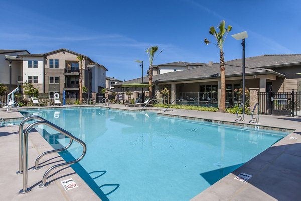 Luxurious pool area with lounge chairs at Adega Apartments, perfect for relaxation and social gatherings