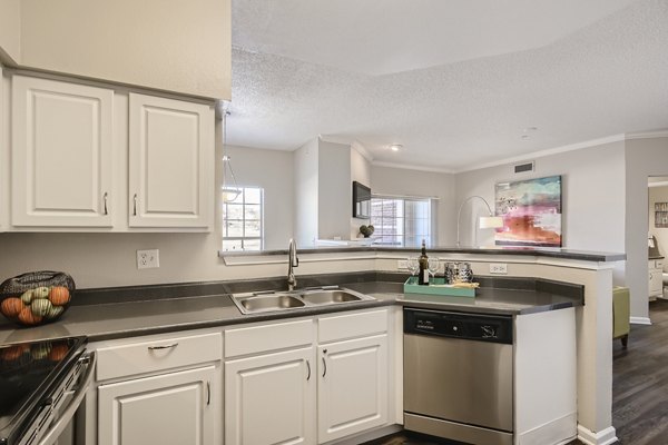 Kitchen with stainless steel appliances and granite countertops at The Fairways at Raccoon Creek luxury apartments