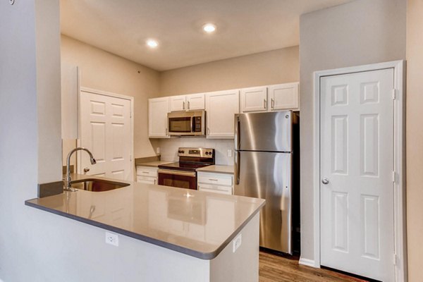 Contemporary kitchen with stainless steel appliances at Mountain Gate Apartments