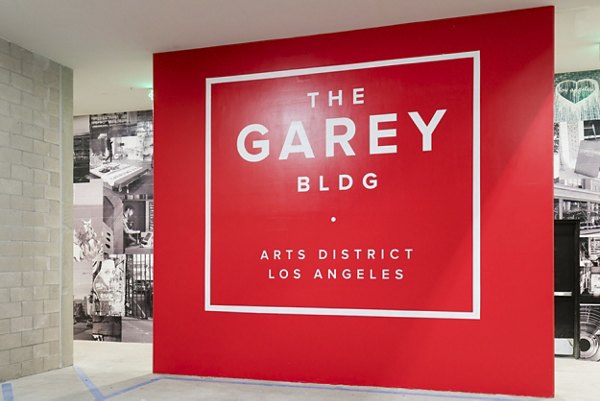 Signage at Garey Building: Luxury apartment living with modern amenities in the heart of downtown Los Angeles