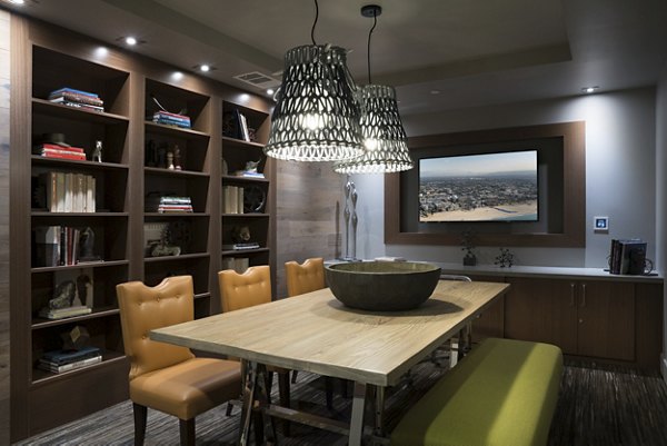 Modern meeting facility featuring sleek design elements at Garey Building Apartments