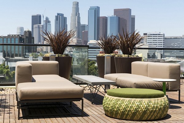 Rooftop deck offering panoramic city views at Garey Building Apartments
