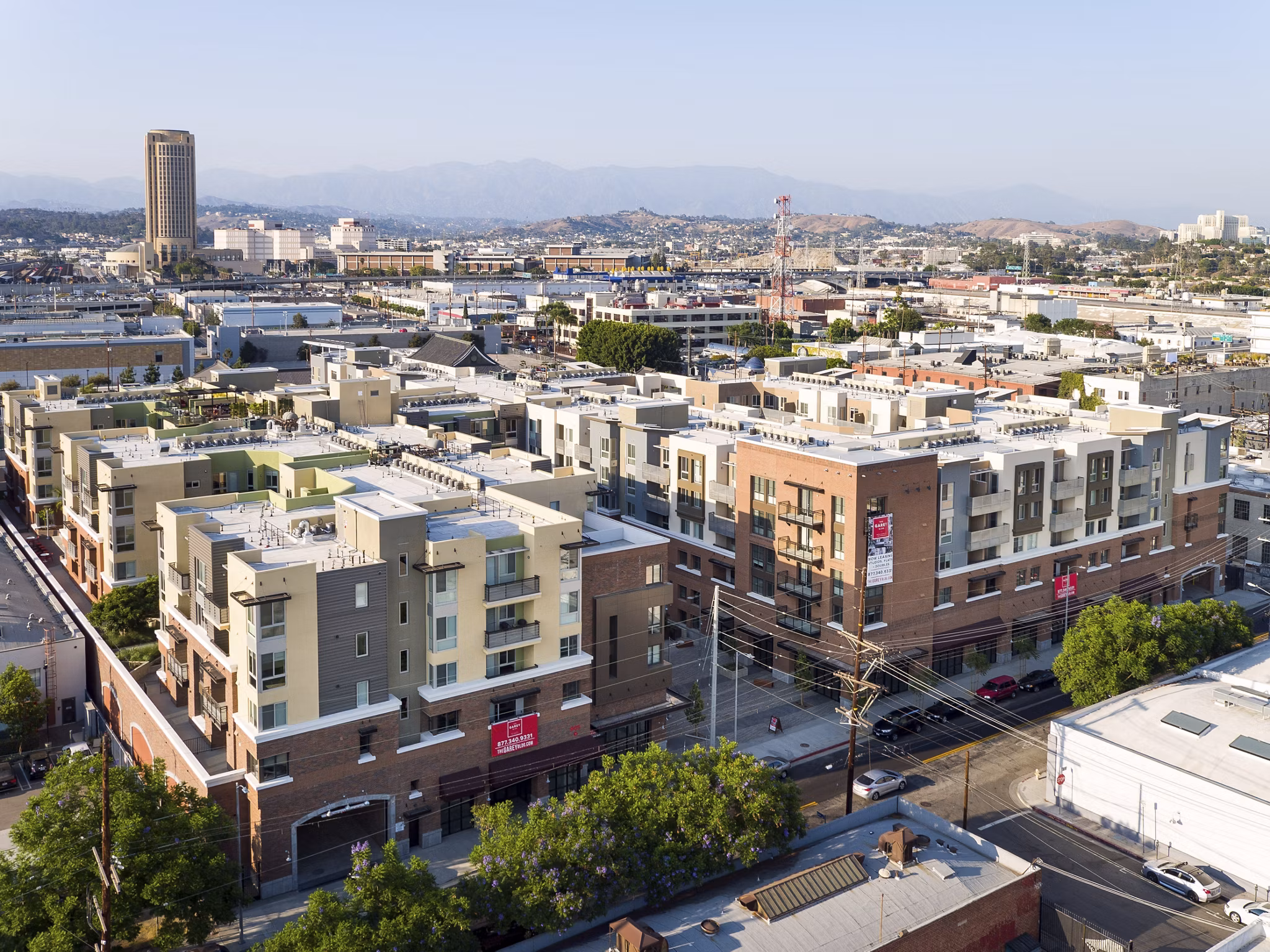 Garey Building Apartments: Rooftop view highlighting luxury apartments in vibrant urban setting