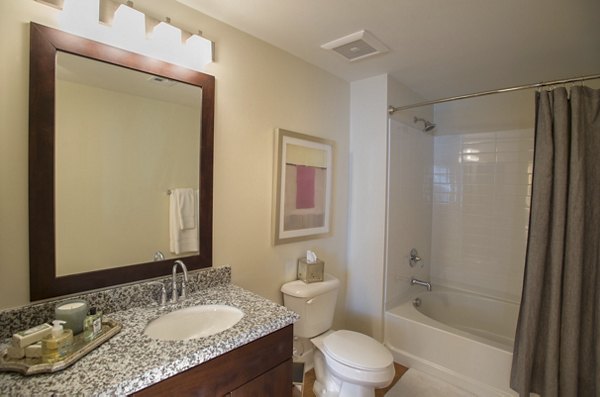 Luxurious bathroom featuring a sink, decorative countertop, toilet, and bathtub with shower curtain in luxury apartment