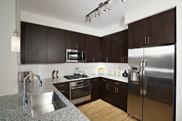 Modern kitchen with stainless steel appliances in  luxury apartments