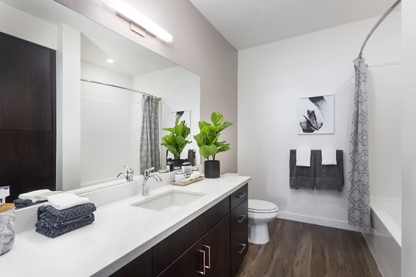 Elegant bathroom featuring granite countertops and modern fixtures in Aspect Apartments