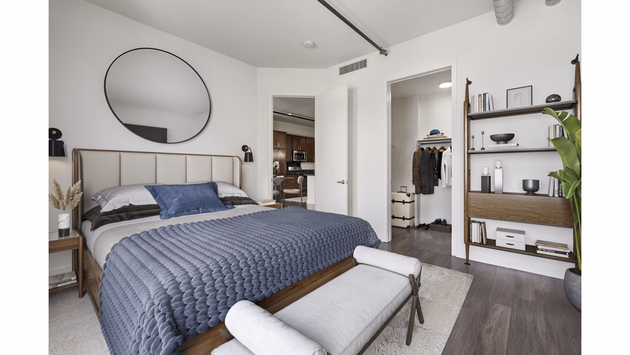 Bedroom featuring modern decor and natural lighting at San Pedro Bank Lofts luxury apartments