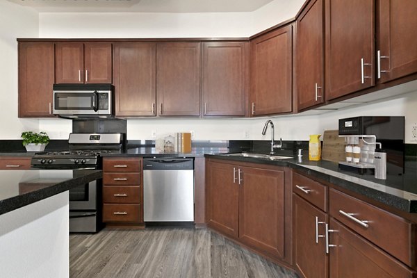 San Pedro Bank Lofts: Modern kitchen featuring stainless steel appliances and granite countertops