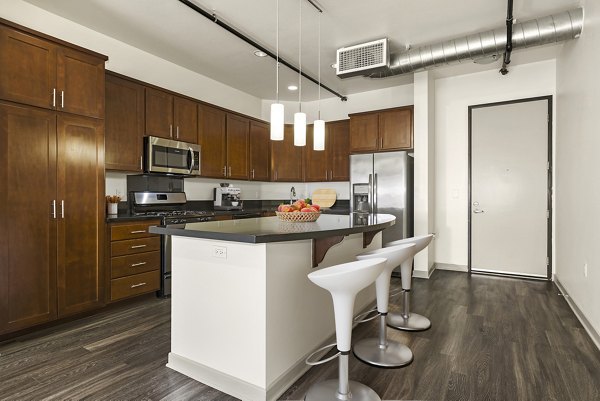 Modern kitchen with stainless steel appliances in San Pedro Bank Lofts apartments, Greystar luxury living in urban Los Angeles