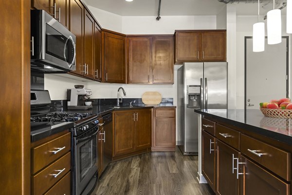 Modern kitchen with stainless steel appliances and island at San Pedro Bank Lofts, luxury apartments