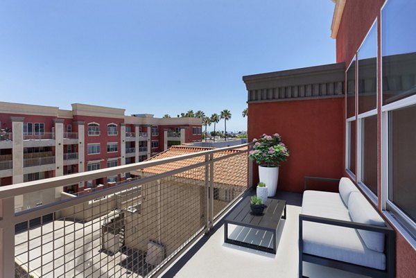Charming patio with outdoor seating at San Pedro Bank Lofts, a Greystar luxury apartment community located in the heart of San Pedro