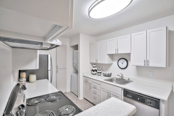 Modern kitchen featuring sleek cabinetry and stainless steel appliances in Alvista at the Bridge Apartments