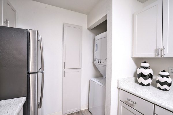 Alvista at the Bridge Apartments: Modern laundry room with energy-efficient washers and dryers