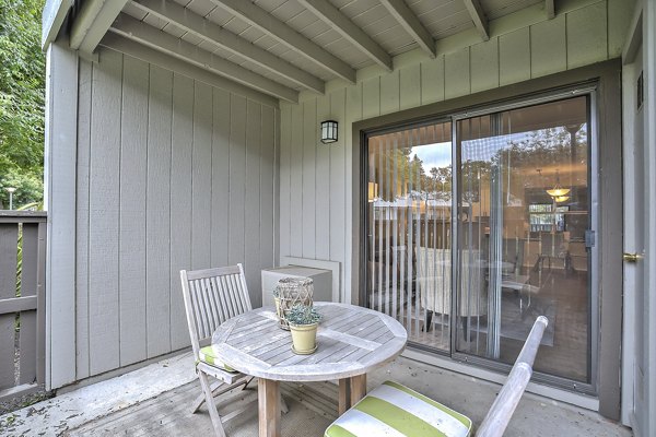 Spacious patio with modern furniture at Alvista at the Bridge Apartments, ideal for relaxation and gatherings
