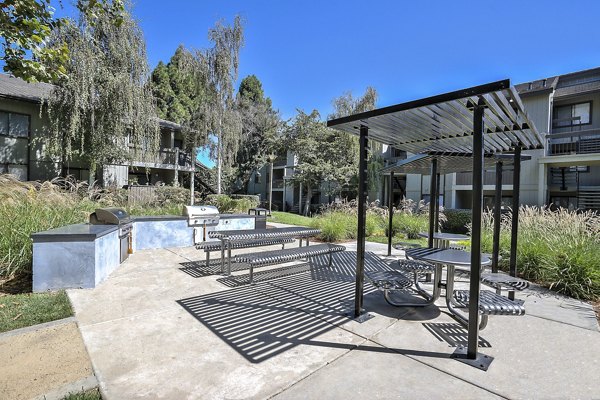 Outdoor grill area with modern seating at Alvista at the Bridge Apartments, perfect for entertaining and relaxation