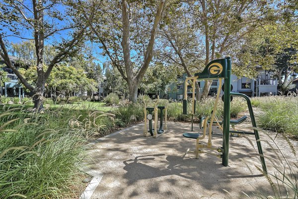 Colorful playground at Alvista at the Bridge Apartments, featuring swings and slides for family fun and recreation