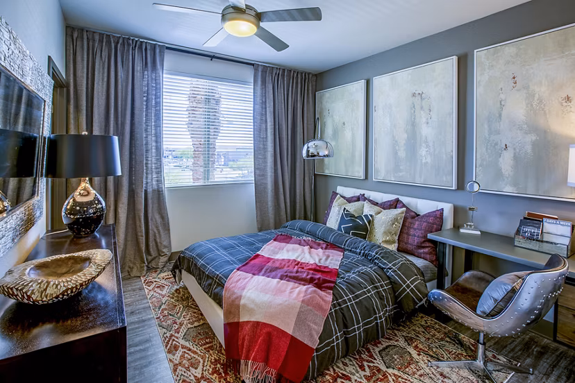 Bedroom featuring modern design and mountain views at Peak 16 Apartments