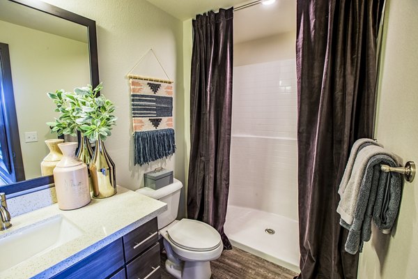 Elegant bathroom with modern fixtures at Peak 16 Apartments, luxury living for Greystar residents in a prime location