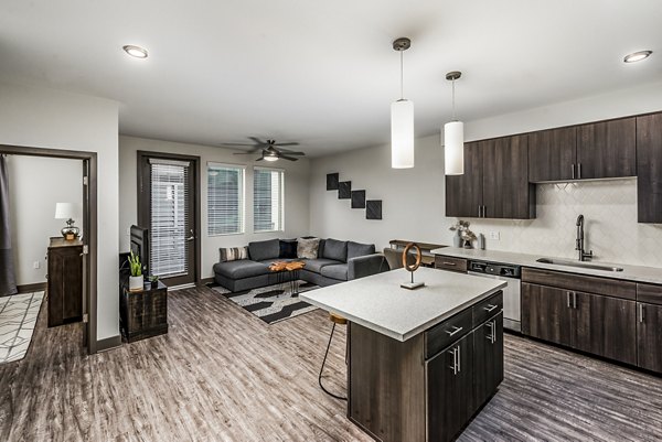 Modern kitchen with stainless steel appliances at Peak 16 Apartments, a luxury Greystar property