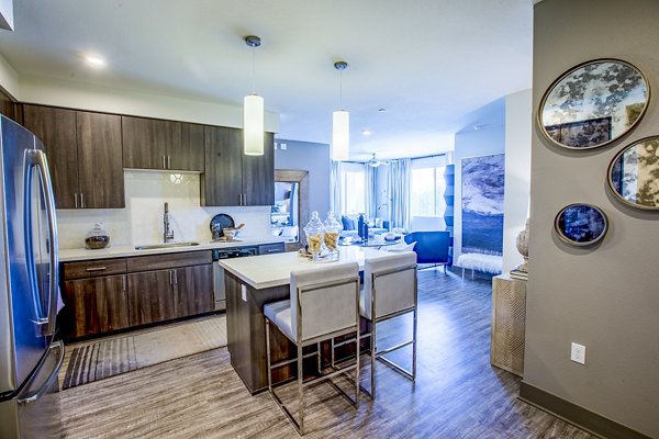 Modern kitchen featuring stainless steel appliances and granite countertops in Peak 16 Apartments, luxury living in a vibrant community