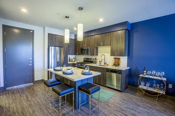 Modern kitchen featuring stainless steel appliances and granite countertops at Peak 16 Apartments