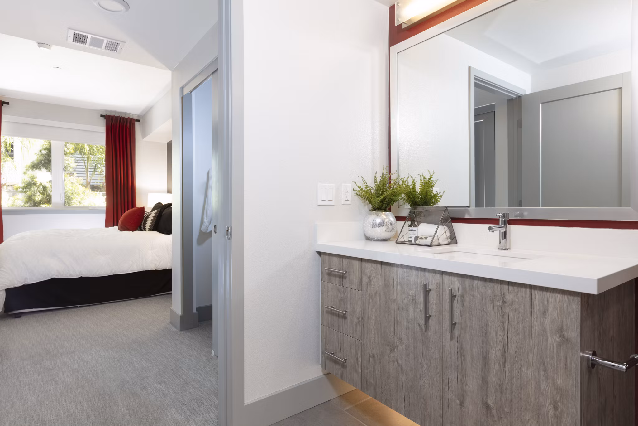 Modern bathroom with sleek fixtures in Vaya Apartments, luxury living by Greystar