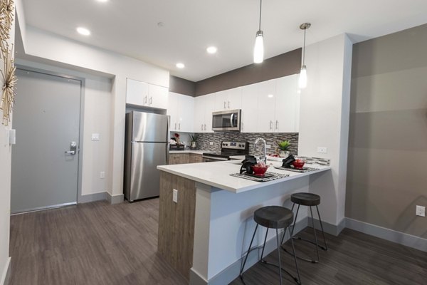 Modern kitchen with stainless steel appliances in Vaya Apartments, offering luxury living by Greystar