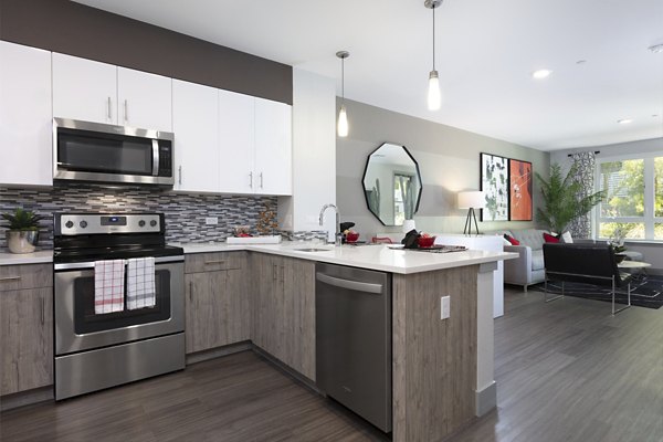 Modern kitchen with stainless steel appliances at Vaya Apartments in San Francisco