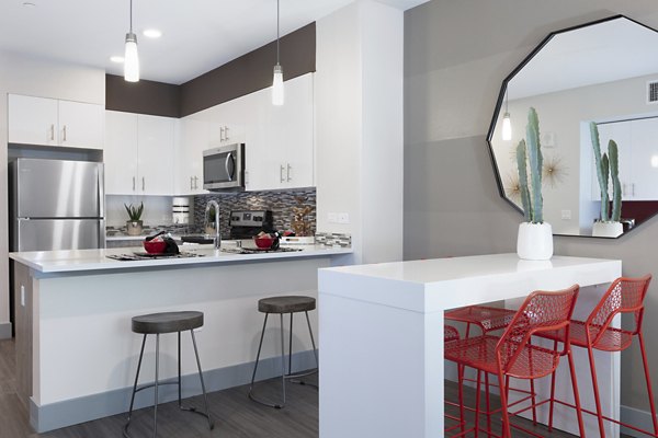 Vaya Apartments: Modern kitchen with sleek countertops and stainless steel appliances in luxury community