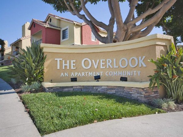 Overlook at Bernardo Heights apartments signage with modern design amidst lush landscaping