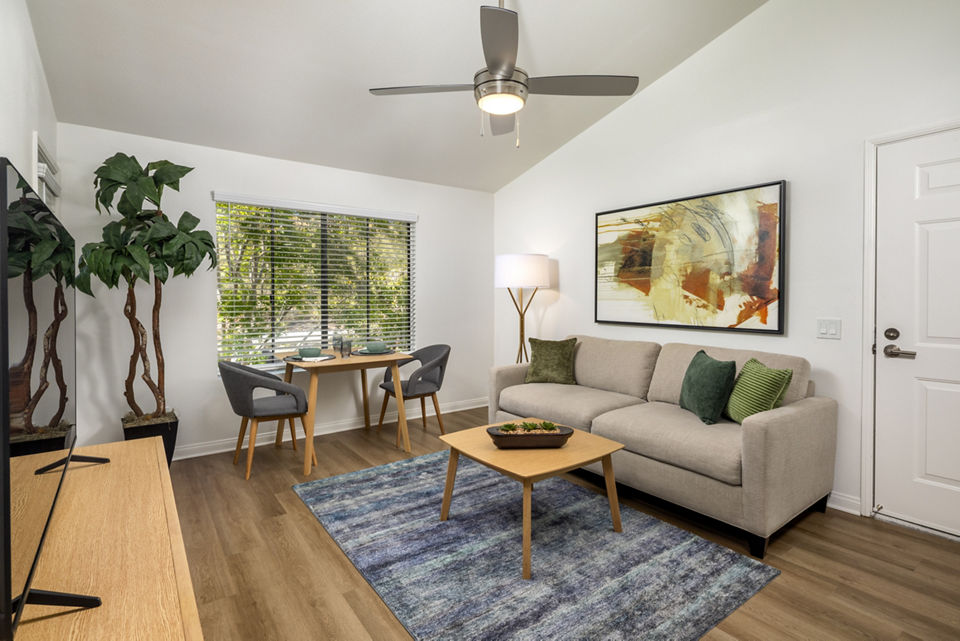 Inviting living room with elegant dÃ©cor and natural light at Overlook at Bernardo Heights Apartments