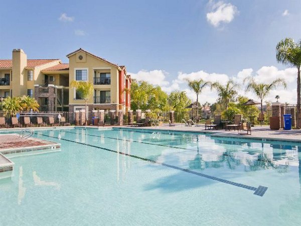 Resort-style pool with lush landscaping at Overlook at Bernardo Heights Apartments